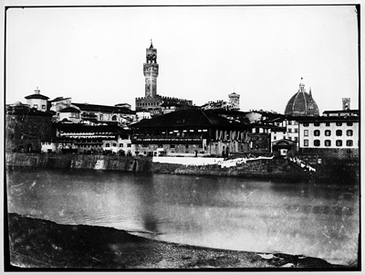 Firenze - Veduta dei tiratoi sull'Arno, sullo sfondo palazzo Vecchio e Cupola del Duomo (negativo) di John Brampton Philpot (metà XIX)