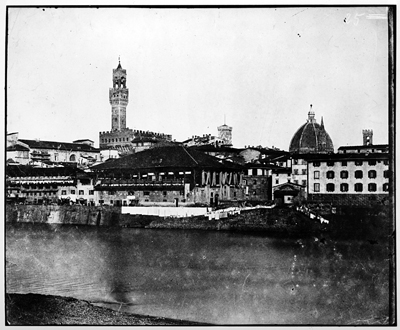 Firenze - Veduta dei tiratoi e dello scalo della porticciola sull'Arno tra ponte alle Grazie e gli Uffizi (negativo) di John Brampton Philpot (metà XIX)