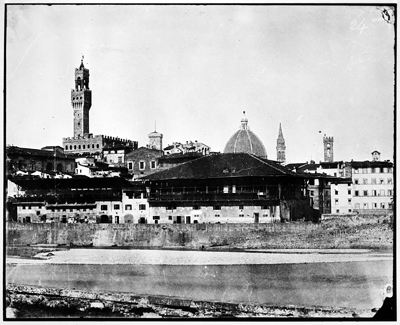 Firenze - Veduta dei tiratoi e dello scalo della porticciola sull'Arno tra ponte alle Grazie e gli Uffizi (negativo) di John Brampton Philpot (metà XIX)