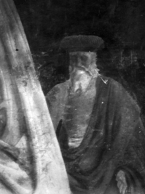 Arezzo - Chiesa di San Francesco - Affreschi Cappella Bacci - fascia superiore sinistra - Consegna della Croce a Gerusalemme - abitanti di Gerusalemme in adorazione (negativo) di Piero della Francesca, Perazzo N (primo quarto XX)