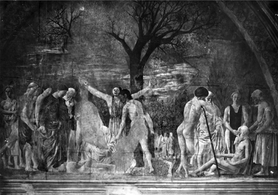 Arezzo - Chiesa di San Francesco - Affreschi Cappella Bacci - Fascia superiore destra - Morte d'Adamo (negativo) di Piero della Francesca, Perazzo N (primo quarto XX)