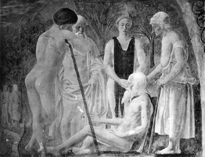 Arezzo - Chiesa di San Francesco - Affreschi Cappella Bacci - Fascia superiore destra - Morte d'Adamo (negativo) di Piero della Francesca, Perazzo N (primo quarto XX)