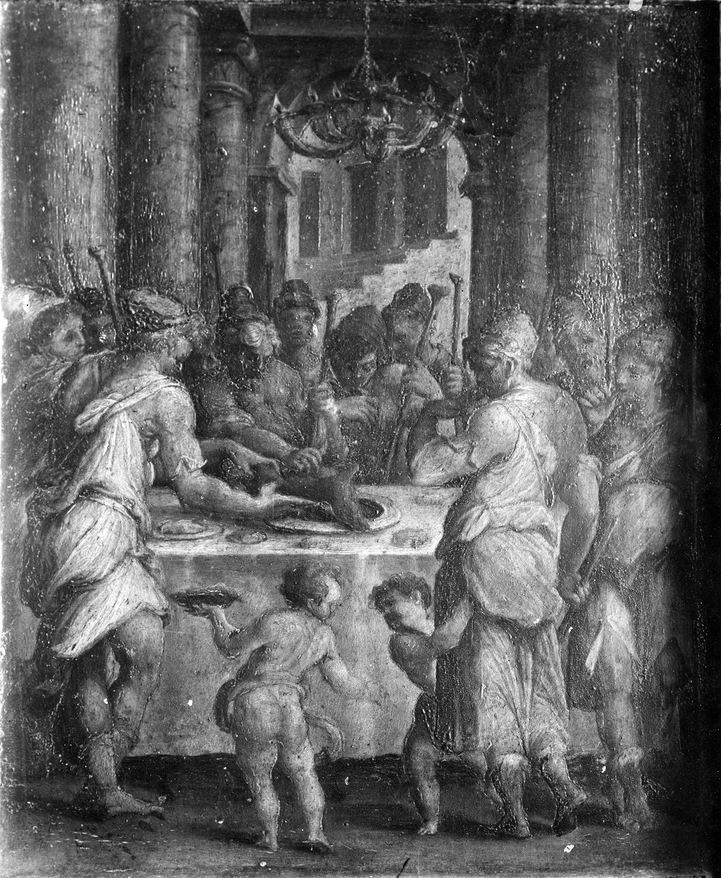 Arezzo- Badia di S. Fiora e Lucilla- particolare dell' altare maggiore - dipinto (negativo) di Vasari Giorgio, Gabinetto fotografico del Polo Museale Fiorentino (laboratorio) (inizio XX)