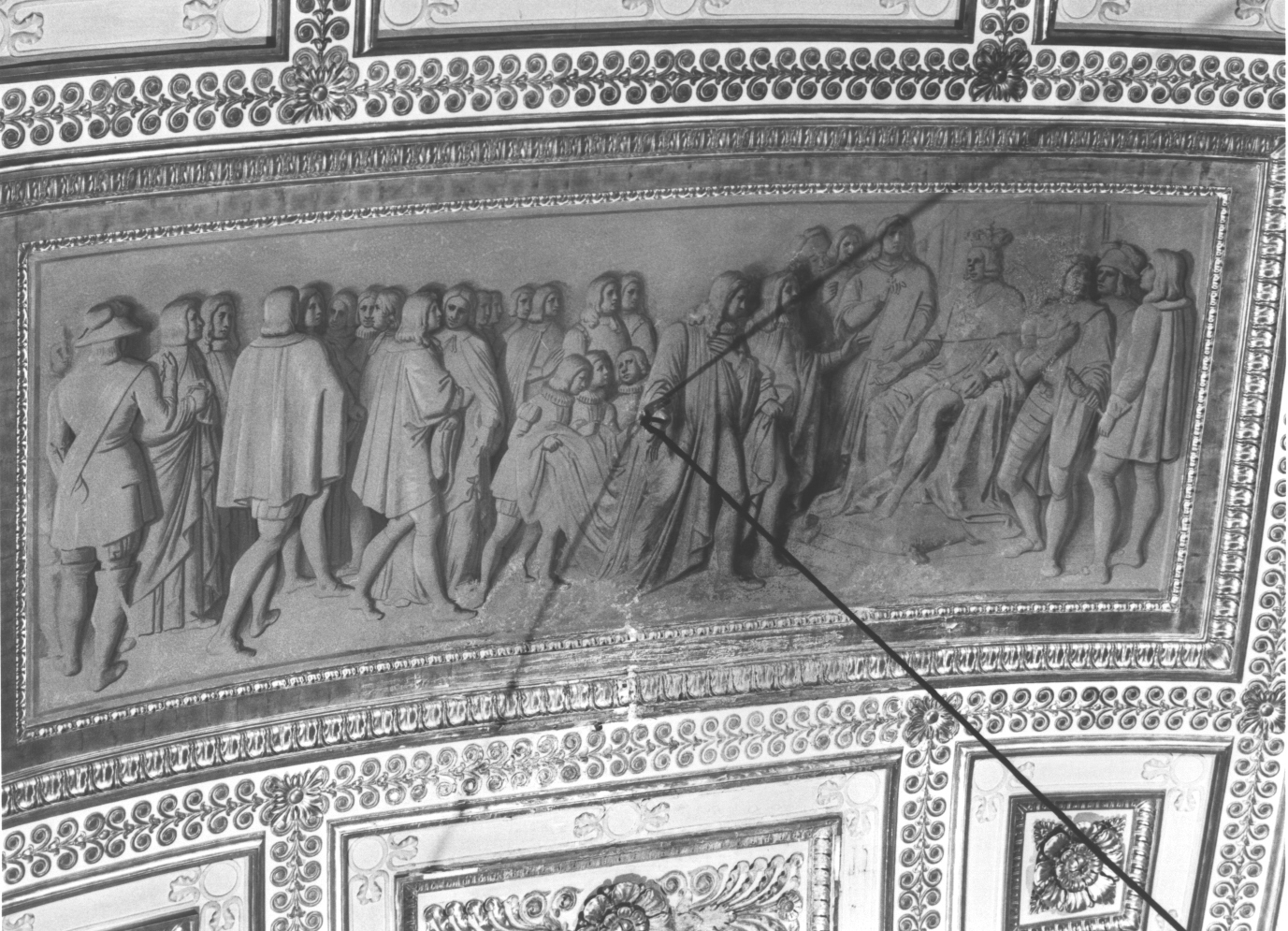Carlo Emanuele I riceve l'omaggio degli ambasciatori genovesi per la sua ascesa al trono, Carlo Emanuele I (decorazione pittorica, complesso decorativo) di Frascheri Giuseppe (secondo quarto sec. XIX)