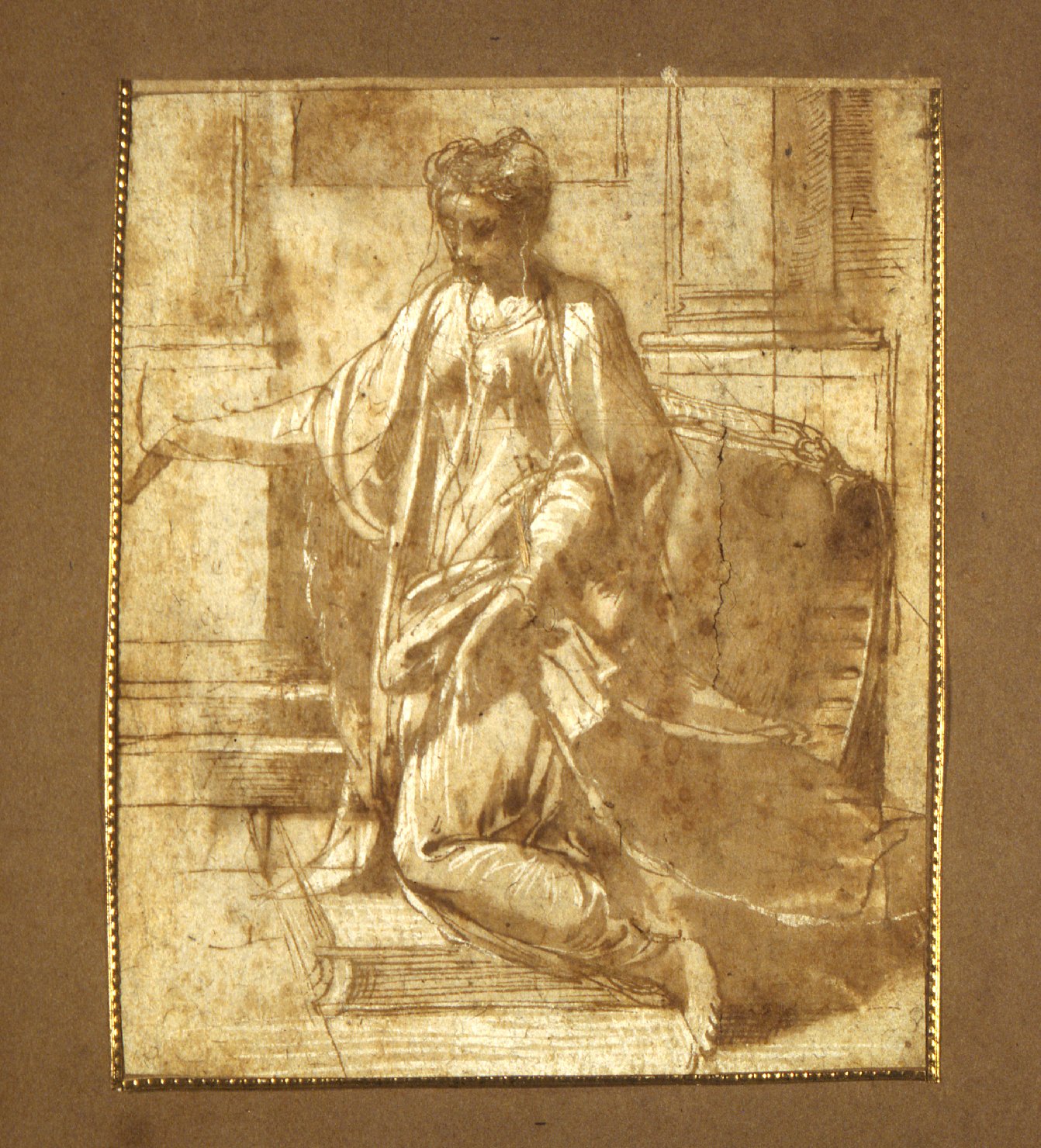 La Vergine genuflessa (disegno preparatorio, opera isolata) di Mazzola Francesco detto Parmigianino (sec. XVI)