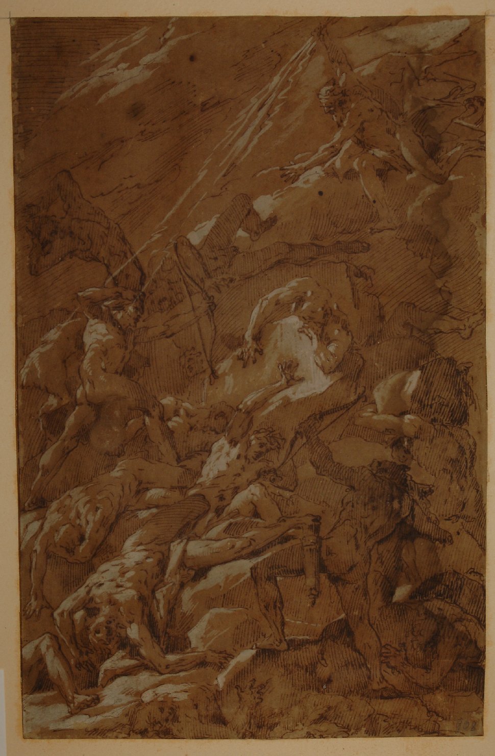 Giove lancia fulmini contro i Giganti che tentano di scalare l'Olimpo (disegno) - ambito bolognese (sec. XVI)