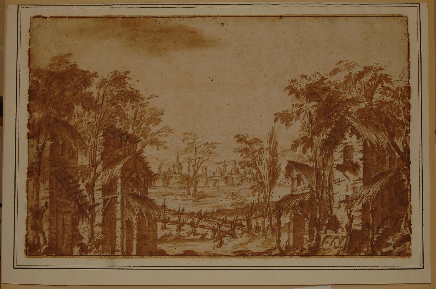 progetto di scenografia con villaggio presso una città (disegno, opera isolata) di Grassi Francesco (sec. XVIII)