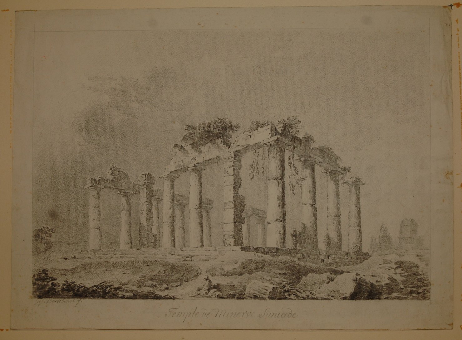 Rovine del Tempio di Minerva Suniade, paesaggio con rovine (disegno, opera isolata) di Bertoluzzi Giuseppe (sec. XVIII)