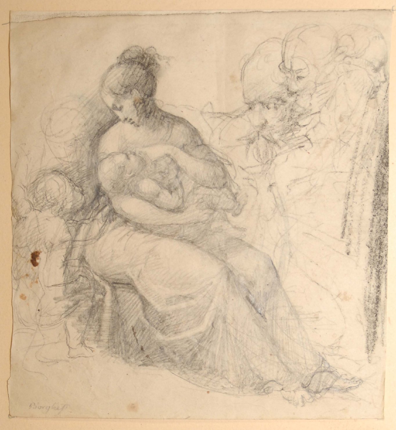 Madonna allattante e studi di teste (disegno, opera isolata) di Borghesi Giovan Battista (sec. XIX)