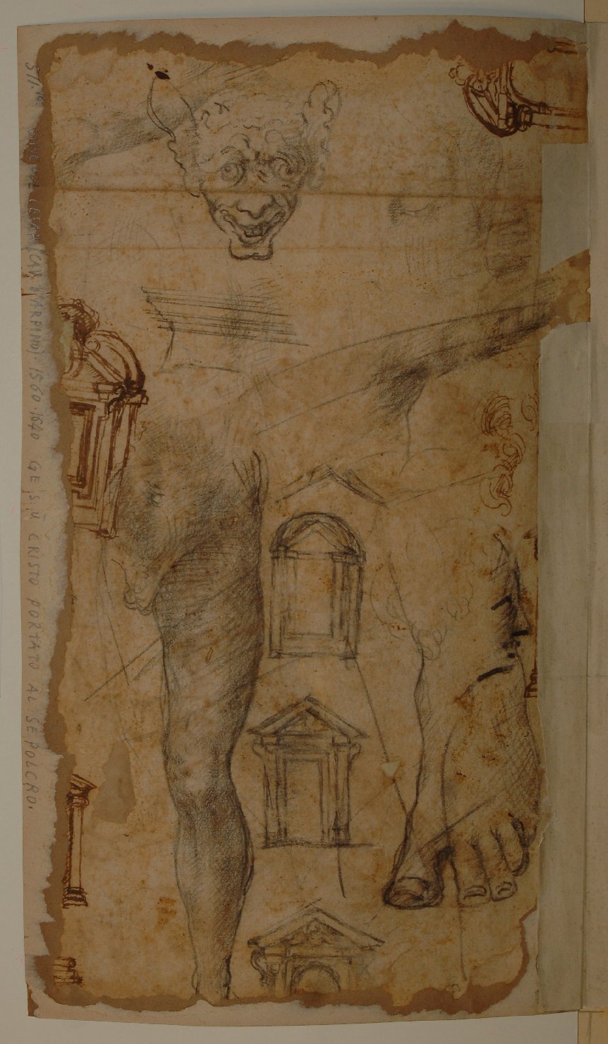 studi di particolari architettonici, studi di una gamba, di un piede e di un mascherone (disegno, opera isolata) di Cesari Giuseppe detto Cavalier d'Arpino (attribuito) (secc. XVI/ XVII)