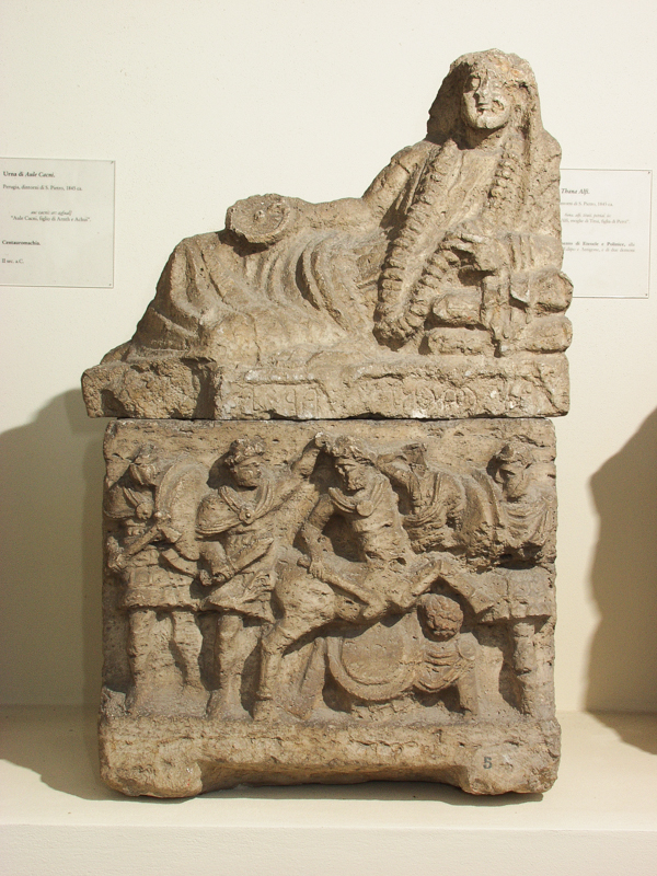 centauromachia (urna/ cineraria, cassa, cubica, decorata) - bottega perugina (seconda metà II a.C)