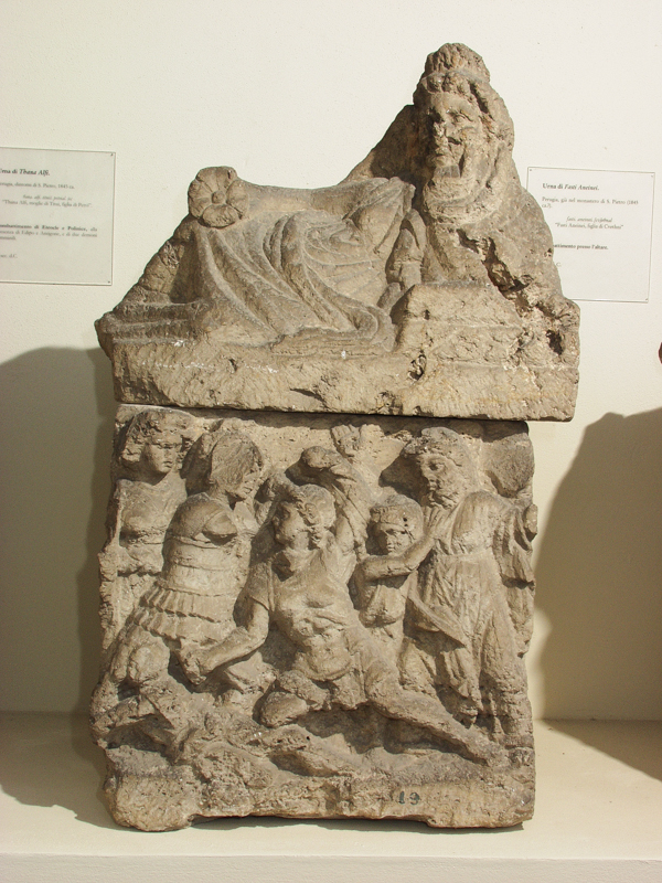 combattimento di Eteocle e Polinice (urna/ cineraria, cassa, cubica, decorata) - bottega perugina (II a.C)