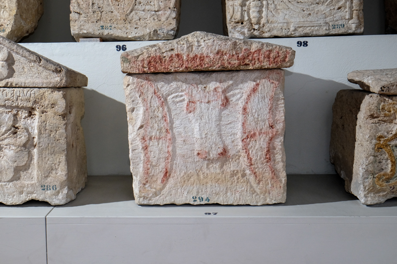 Bucranio fra due pelte (urna/ cineraria, cassa, cubica, decorata) (I a.C)