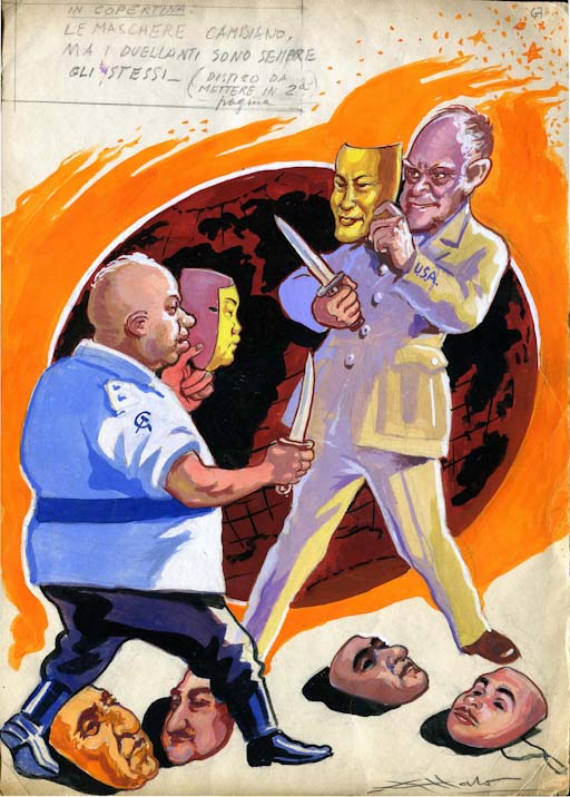 Le maschere cambiano ma i duellanti sono sempre gli stessi, Figure maschili (disegno, opera isolata) di Colizzi Gioacchino detto Attalo (attribuito) (sec. XX)