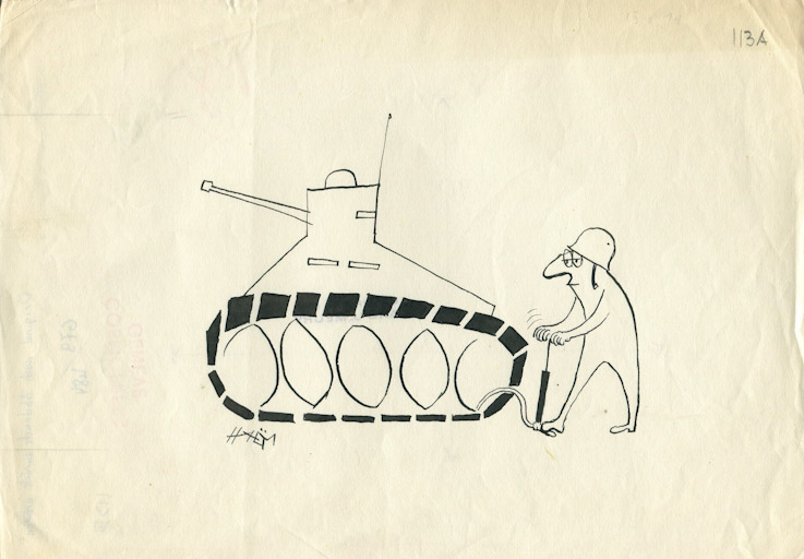 Gonfiando...i cingoli, Figura maschile con carro armato (disegno, opera isolata) di Hans Ulrich Meury detto Haem (attribuito) (sec. XX)
