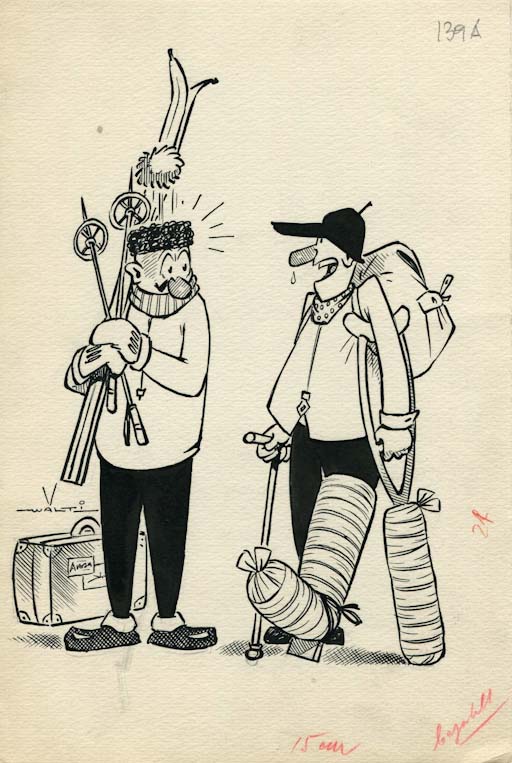 Stagione sciistica, Figure maschili (disegno, opera isolata) di Walter Faccini detto Walti (attribuito) (sec. XX)