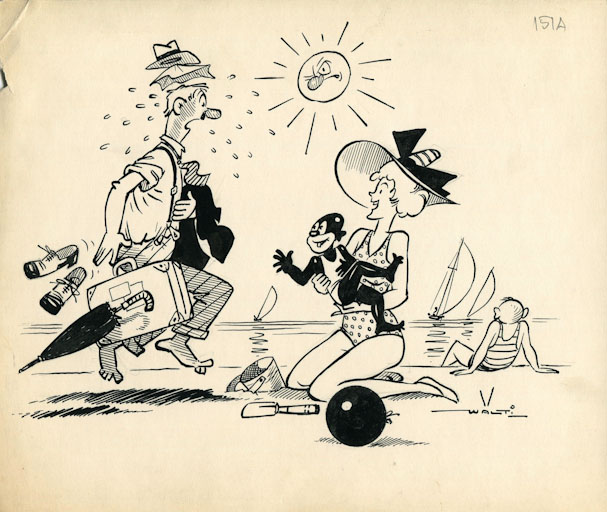 Abbronzatissimo, Figura maschile e figura femminile con un bambino in braccio (disegno, opera isolata) di Walter Faccini detto Walti (attribuito) (sec. XX)