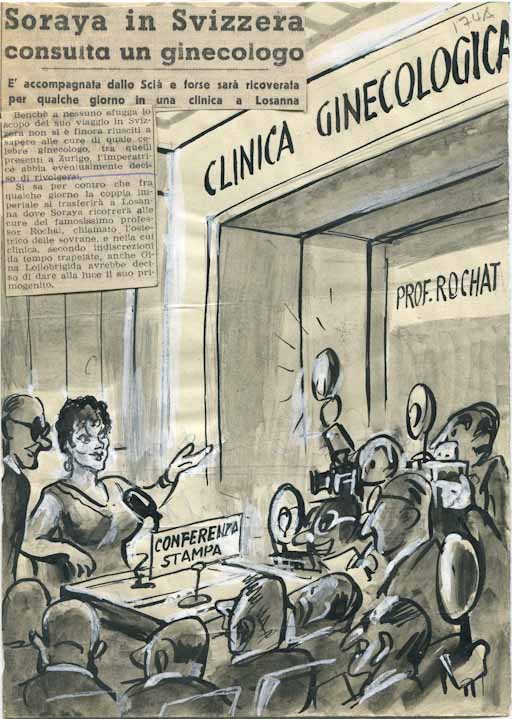 Soraya e Lollo a Losanna, Figura femminile e figure maschili (disegno, opera isolata) di Russo Giuseppe detto Girus (attribuito) (sec. XX)