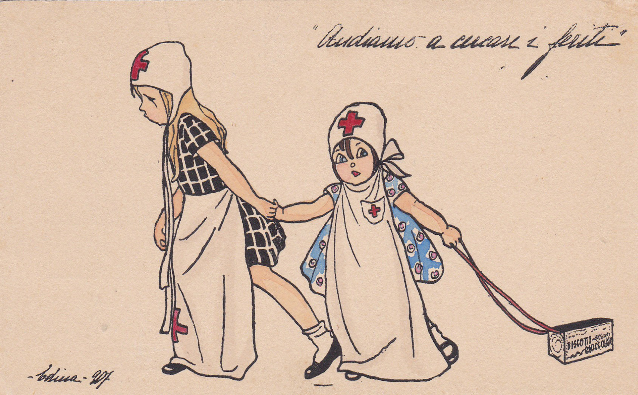 Bambine incedenti vestite da crocerossine (stampa)