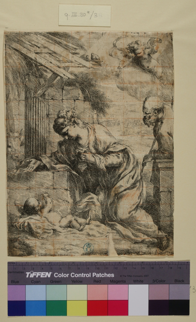 La Vergine adorante Gesù Bambino, La Vergine adorante Gesù Bambino (stampa) di Bartolomeo Biscaino (metà sec. XVII)