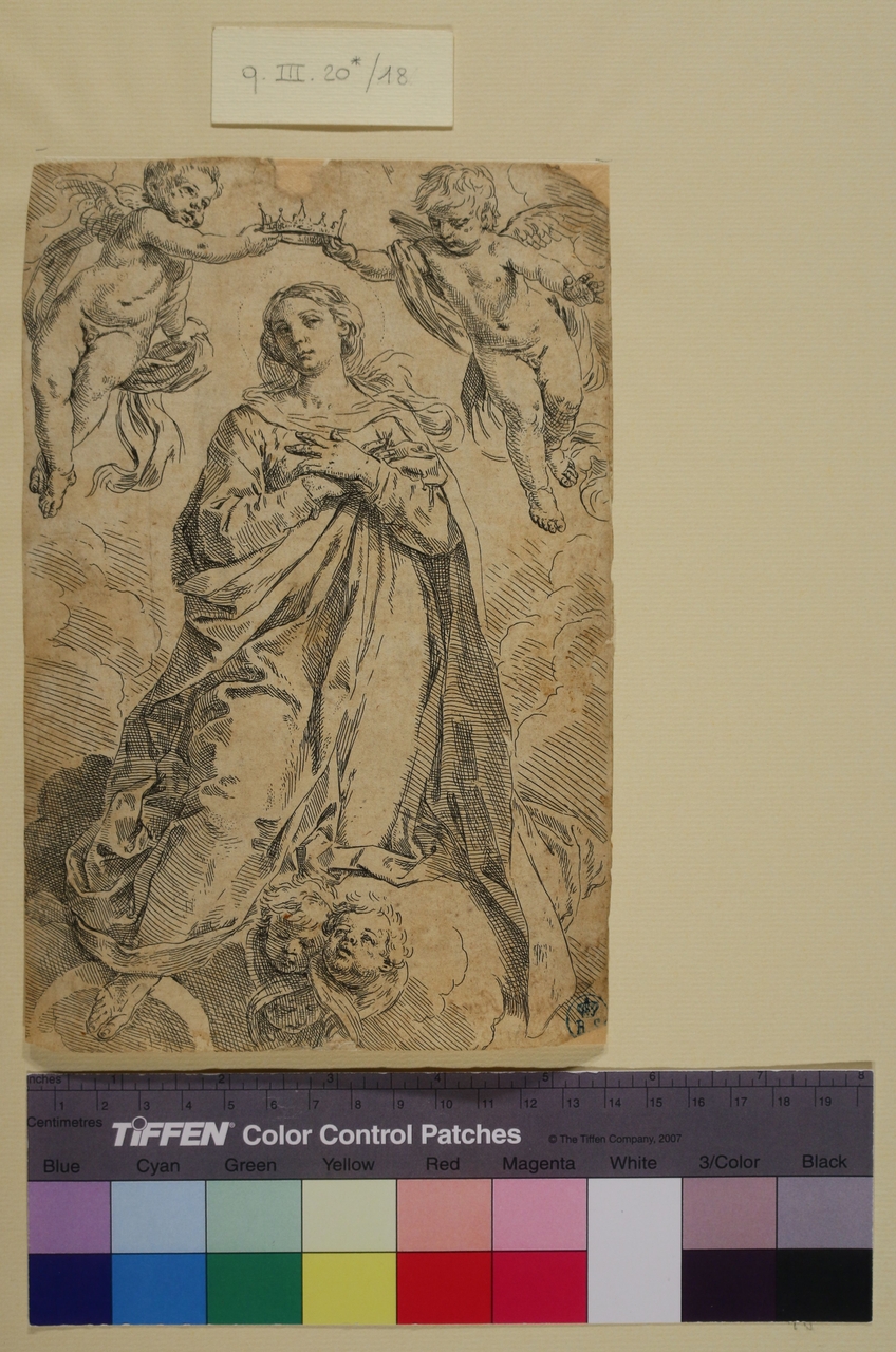 Vergine incoronata da due angeli, Vergine incoronata da due angeli (stampa smarginata) di Simone Cantarini detto il Pesarese (secondo quarto sec. XVII)