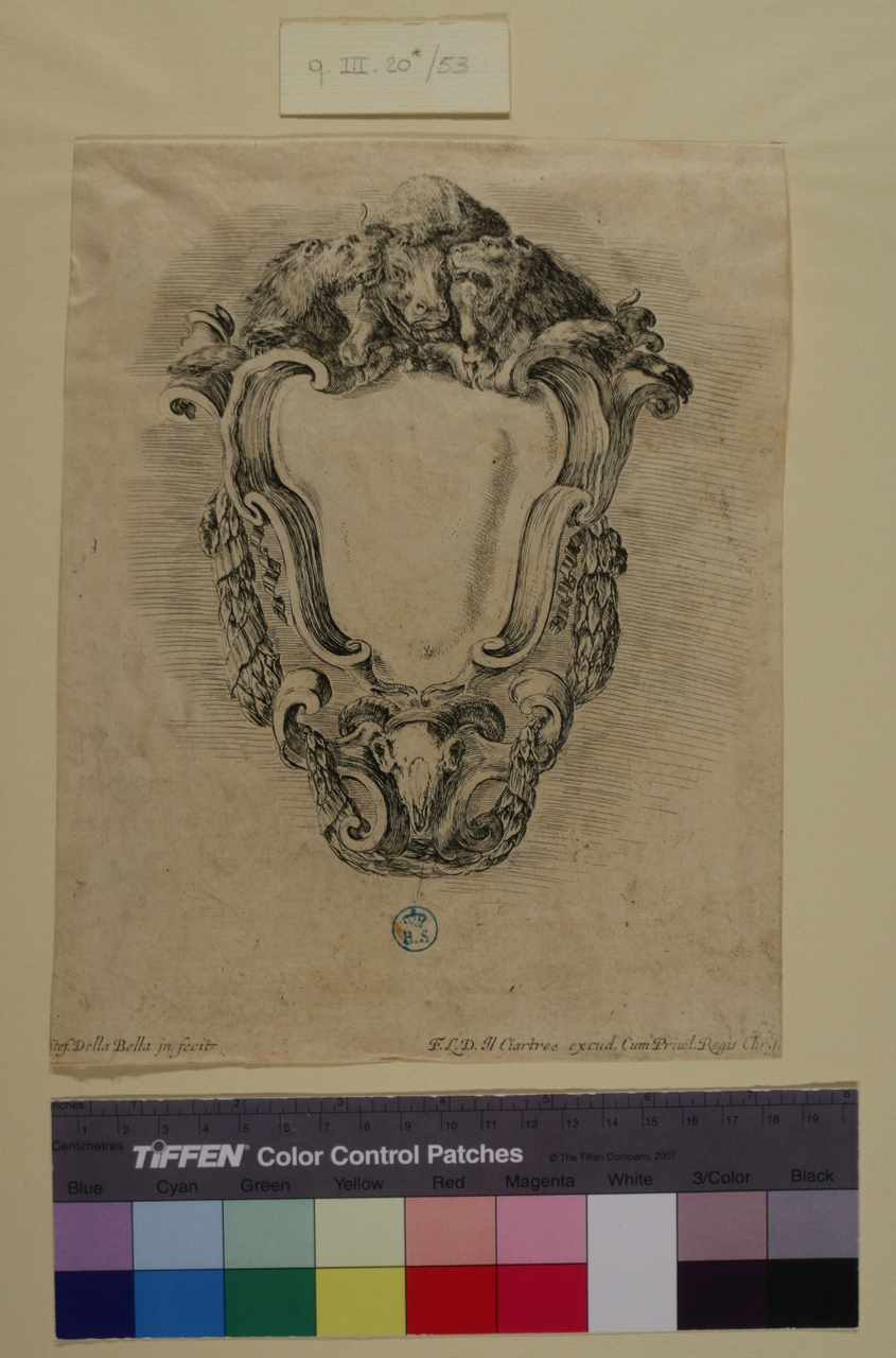 Cartella ornamentale, cartella ornamentale (stampa tagliata) di Stefano Della Bella (metà sec. XVII)