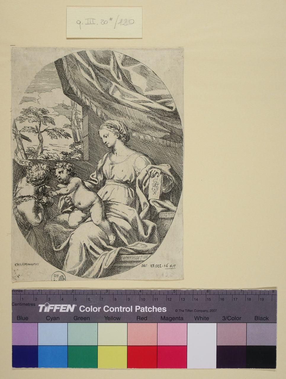 Madonna con Gesù Bambino e san Giovannino, Madonna con Gesù Bambino e san Giovannino (stampa smarginata) di Carlo Maratta o Maratti (metà sec. XVII)