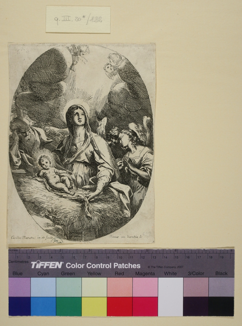 Sacra Famiglia con angeli, Sacra Famiglia con angeli (stampa smarginata) di Carlo Maratta o Maratti (metà sec. XVII)
