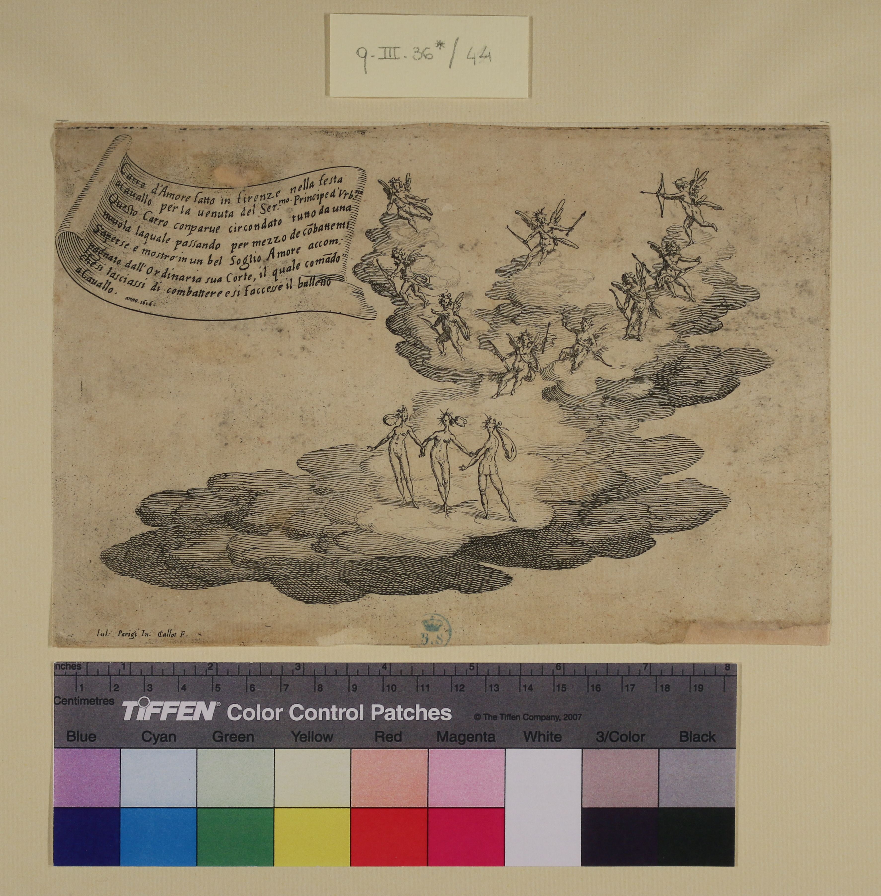 Guerra di Bellezza. Carro d'amore, Festeggiamenti per la venuta del Duca d'Urbino a Firenze (stampa smarginata) di Jacques Callot, Matteo Rosselli (sec. XVII)