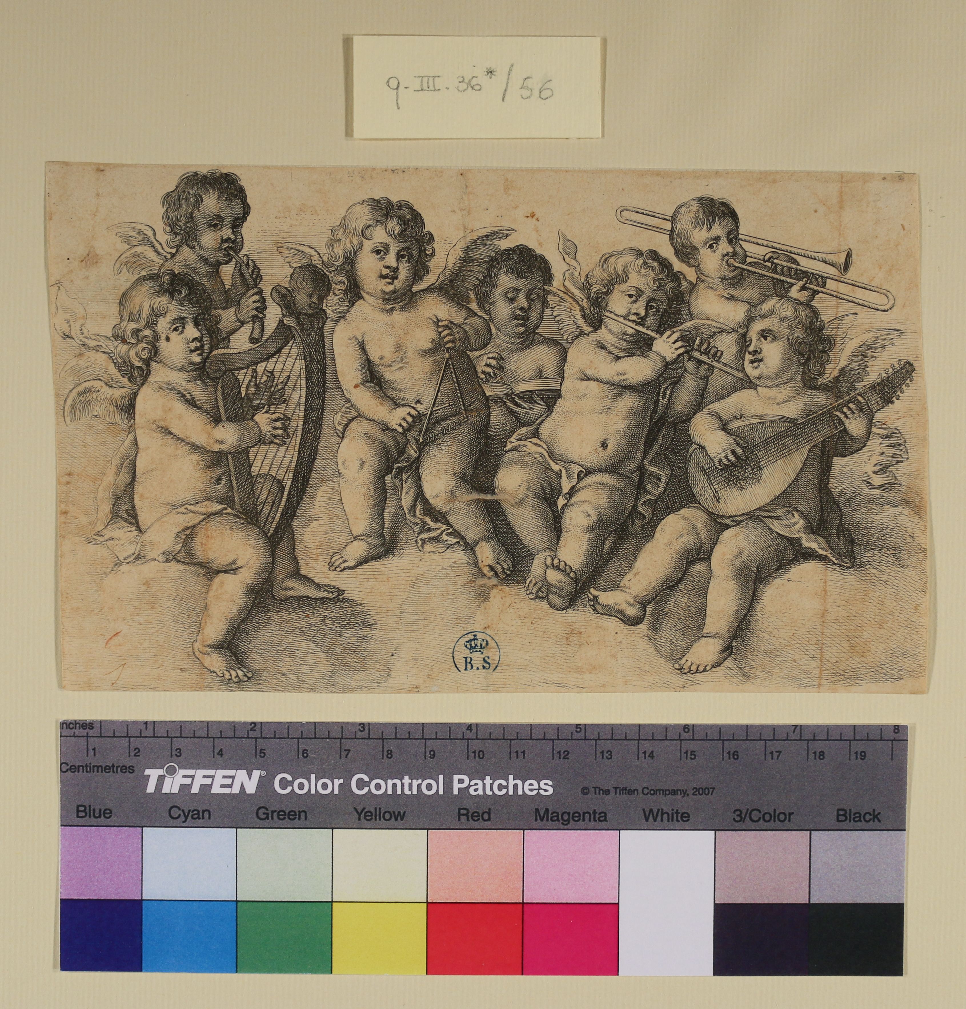 Putti che suonano strumenti musicali (stampa smarginata) di Wenzel Hollar o Wenceslaus Hollar, Pieter van Avont (sec. XVII)