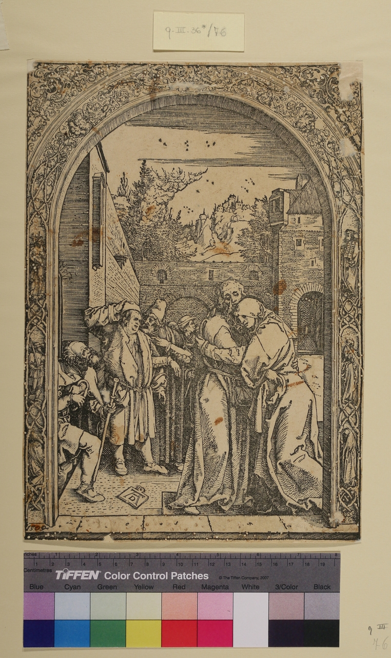 Incontro alla Porta d'Oro, San Gioacchino e Sant'Anna (stampa smarginata) di Albrecht Dürer (sec. XVI)