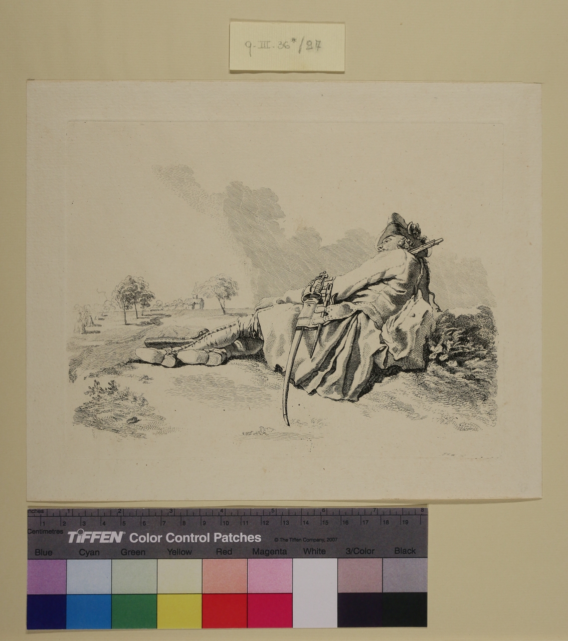 Studi di varie figure militari, Soldato disteso (stampa) di Jacques Philippe Le Bas (sec. XVIII)