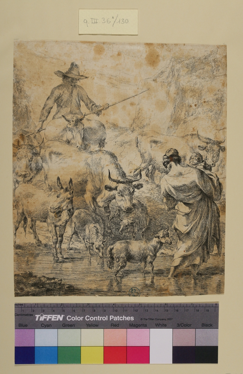 Pastori con mandria (stampa smarginata) di Nicolaes Berchem (sec. XVII)