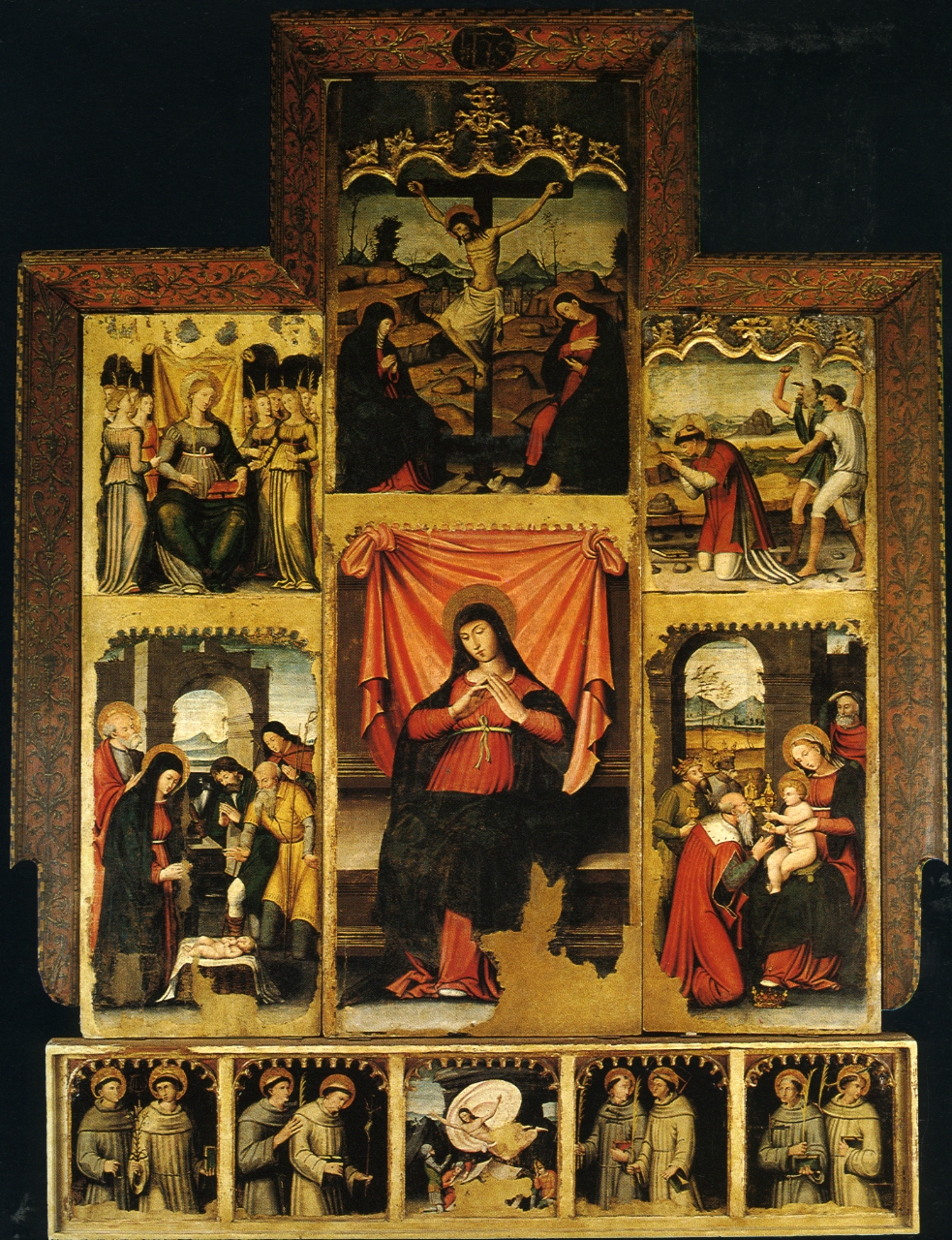 Madonna orante, Crocifissione di Cristo, Adorazione dei pastori, Adorazione dei Re Magi, Sant'Orsola e Santo Stefano, Resurrezione di Cristo e santi francescani (polittico, insieme) di Mainas Antioco (metà sec. XVI)