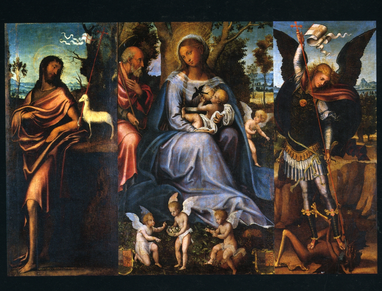 Trittico della Consolazione, Madonna con Bambino e santi (trittico, insieme) di Cavaro Michele (attribuito) (XVI)