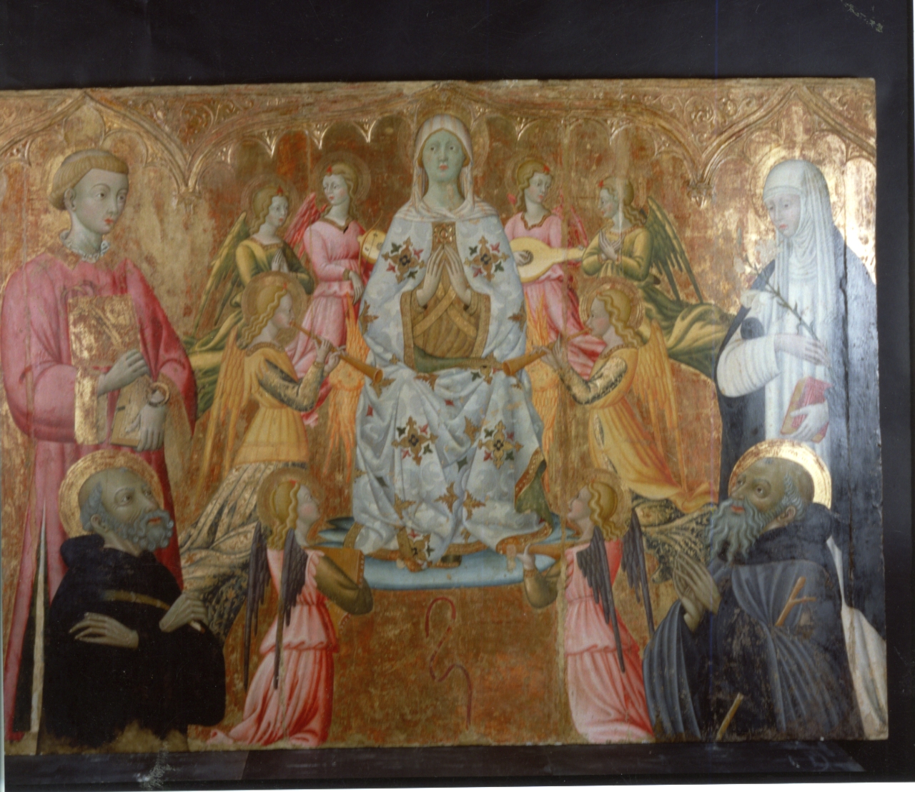 Madonna della Cintola, Madonna in trono e santi, angeli musicanti (dipinto) - ambito senese (metà XV)