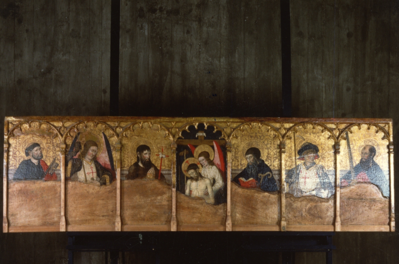 Predella di san lucifero, cristo in pietà sorretto da angelo; santi pietro, michele, giovanni battista; santi antonio abate, giorgio, paolo (predella)