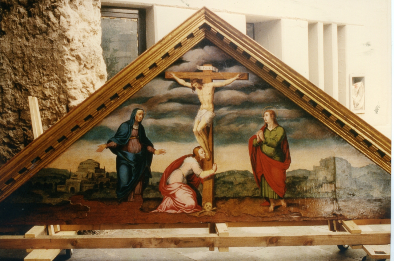 Crocifissione di Cristo con la Madonna e Maria Maddalena (scomparto di polittico, elemento d'insieme) - ambito campano (ultimo quarto XVI)