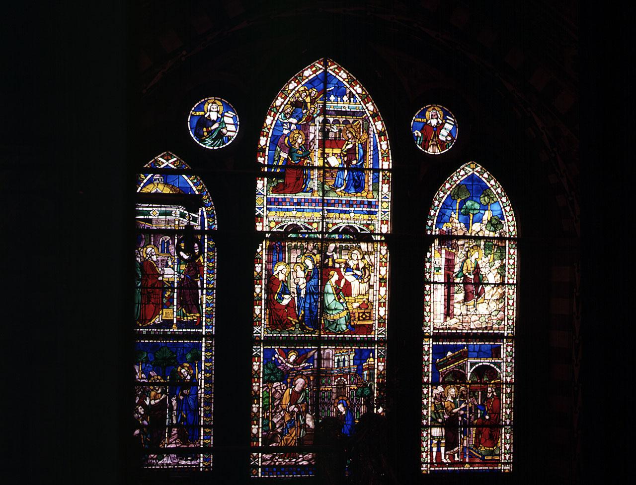 storie della vita di San Giovanni Battista (vetrata) di Gerini Niccolò di Pietro (attribuito), Leonardo di Simone (sec. XIV, sec. XX)