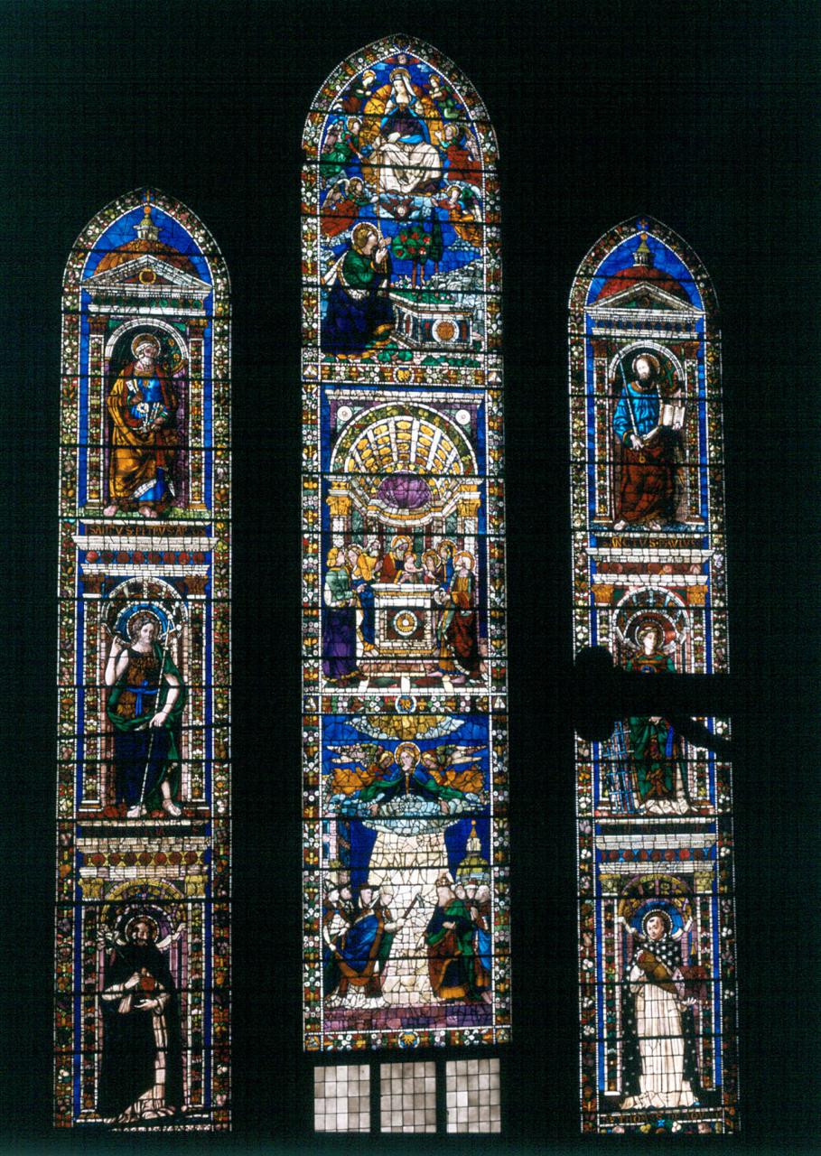 miracolo della neve e fondazione della basilica di S. Maria Maggiore, presentazione di Gesù al tempio/ Madonna della Cintola/ Santi (vetrata) di Bigordi Domenico detto Domenico Ghirlandaio, Agolanti Alessandro detto Bidello (sec. XV)