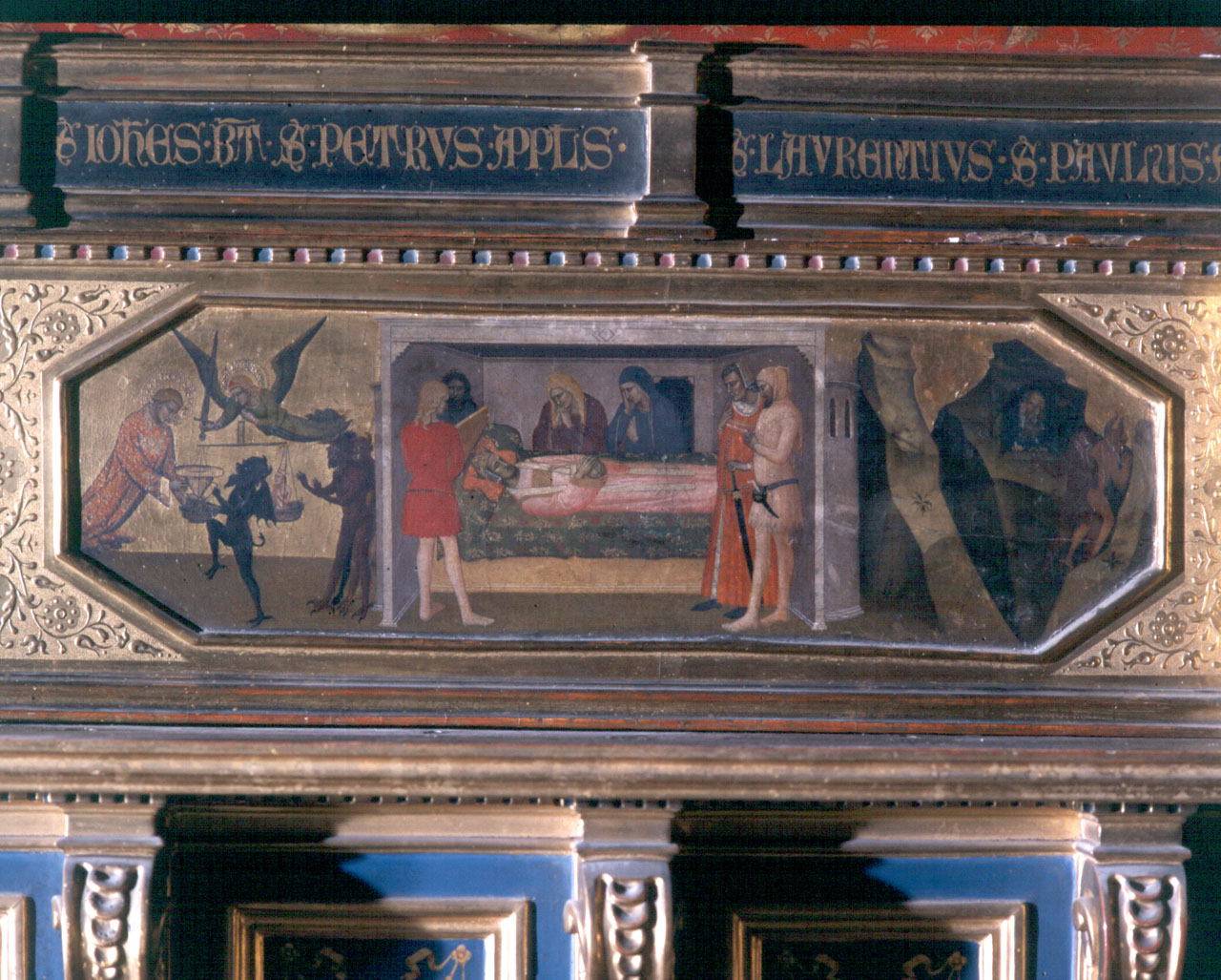 morte dell'imperatore Enrico II/ San Lorenzo intercede per la salvezza dell'anima dell'imperatore Enrico II (scomparto di predella) di Andrea di Cione detto Andrea Orcagna (sec. XIV)