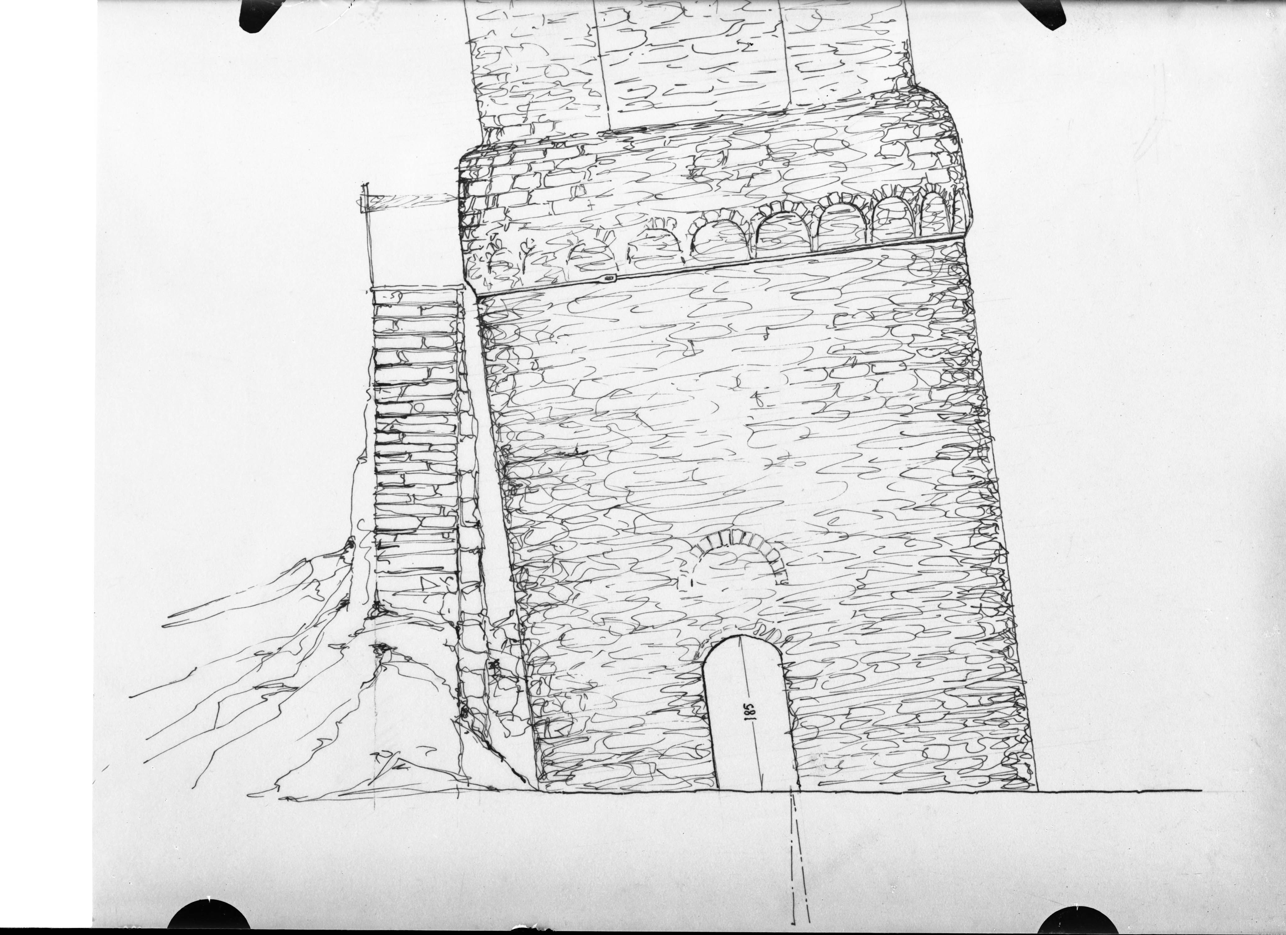 Architettura - Campanili - Lizzano in Belvedere - Rilievo del campanile della Pieve di San Mamante (negativo) di A. Villani & Figli (ditta) (XX)