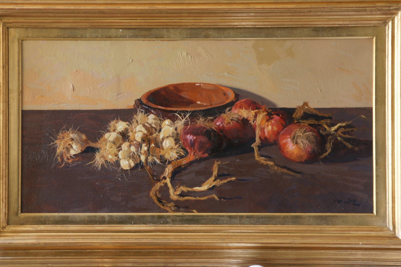 Tegamino con teste d'agli e cipolle, natura morta con aglio e cipolle (dipinto) di Volpe Angiolo (sec. XX)
