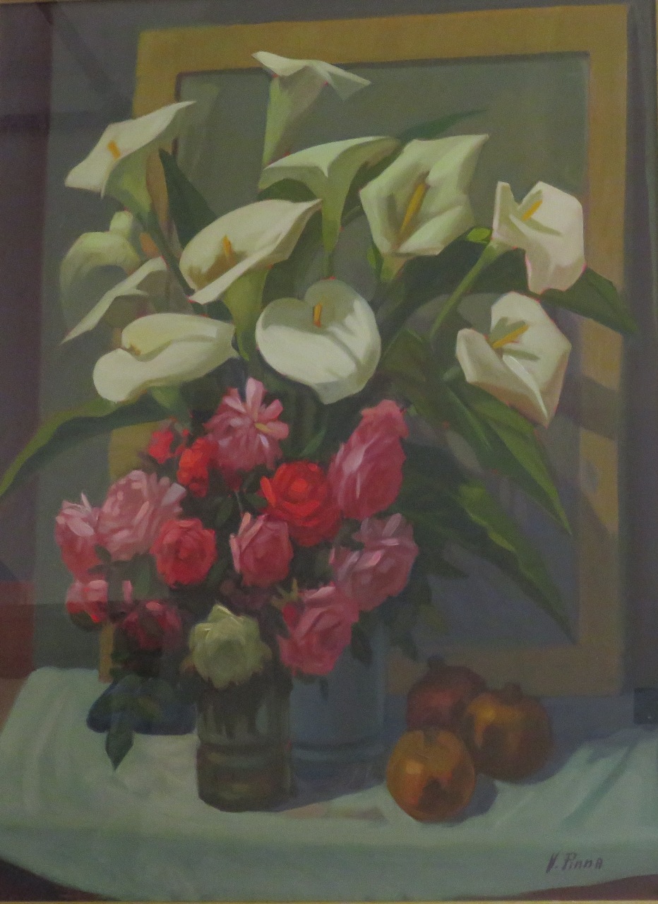 Calle, vaso con fiori (dipinto) di Pinna Vincenzo (sec. XX)
