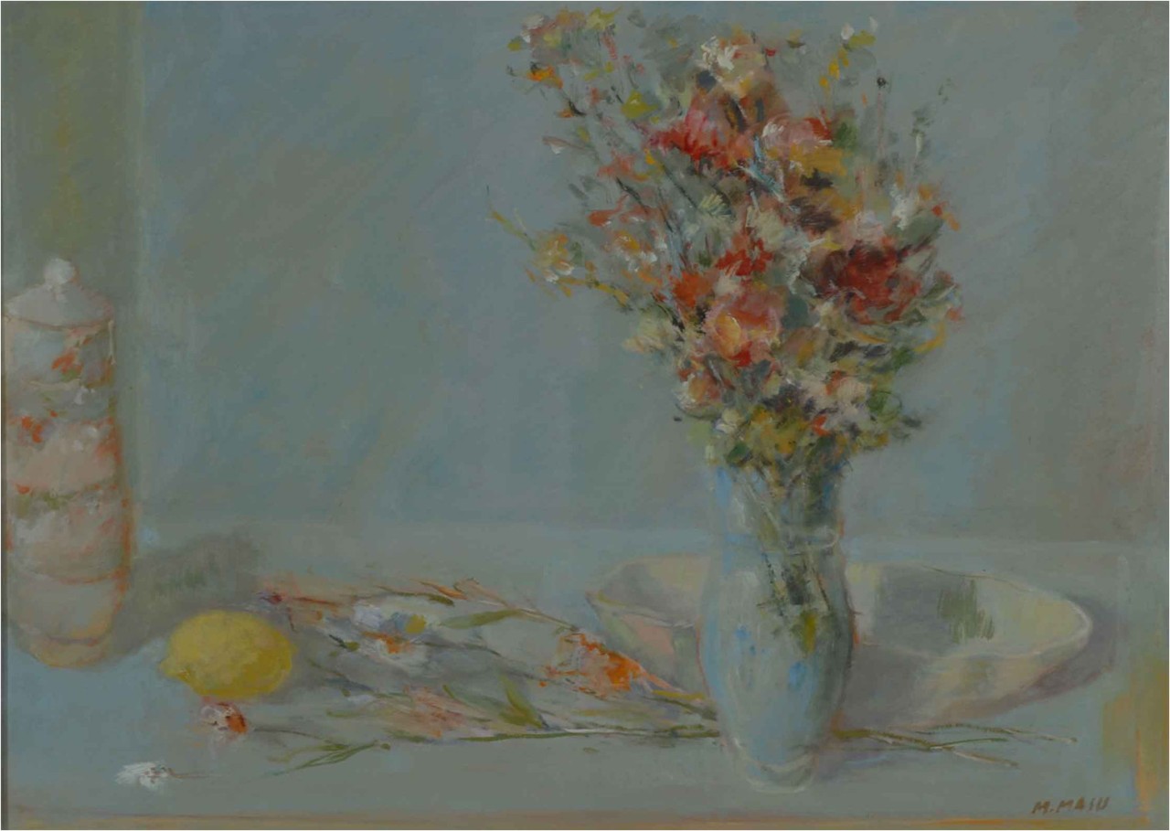 Fiori di campo e frutta, natura morta con fiori e frutta (dipinto) di Masu Manlio (sec. XX)