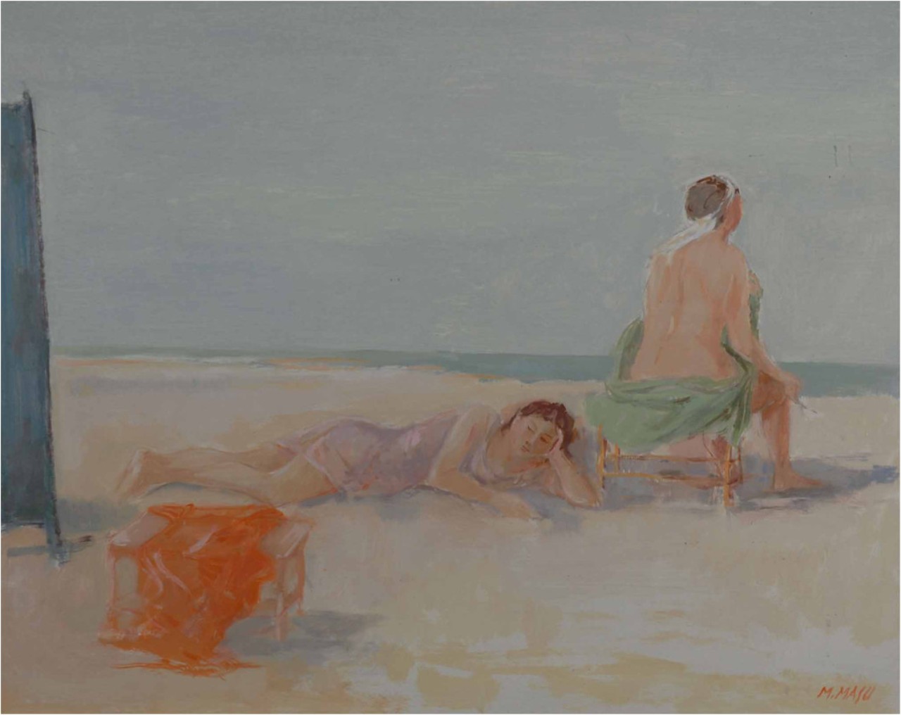 Bagnanti sulla spiaggia, paesaggio marino con figure (dipinto) di Masu Manlio (sec. XX)