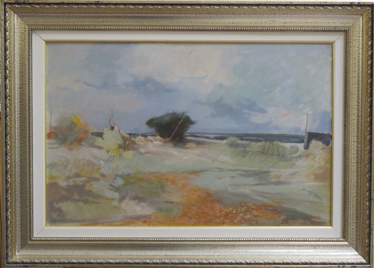 Spiaggia ventosa, paesaggio marino (dipinto) di Masu Manlio (sec. XX)