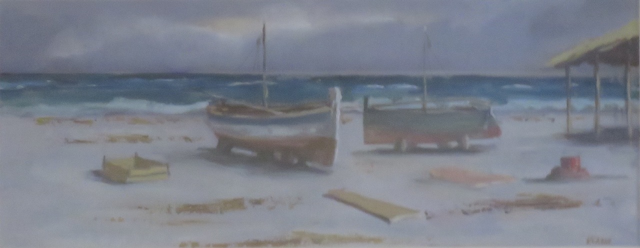 Marina con barche, Barche tratte in secco, paesaggio marino (dipinto) di Calvi Vittorio (sec. XX)