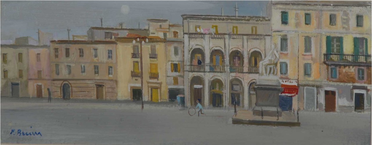 Piazza Tola, veduta di Piazza Tola a Sassari (dipinto) di Becciu Francesco (seconda metà sec. XX)