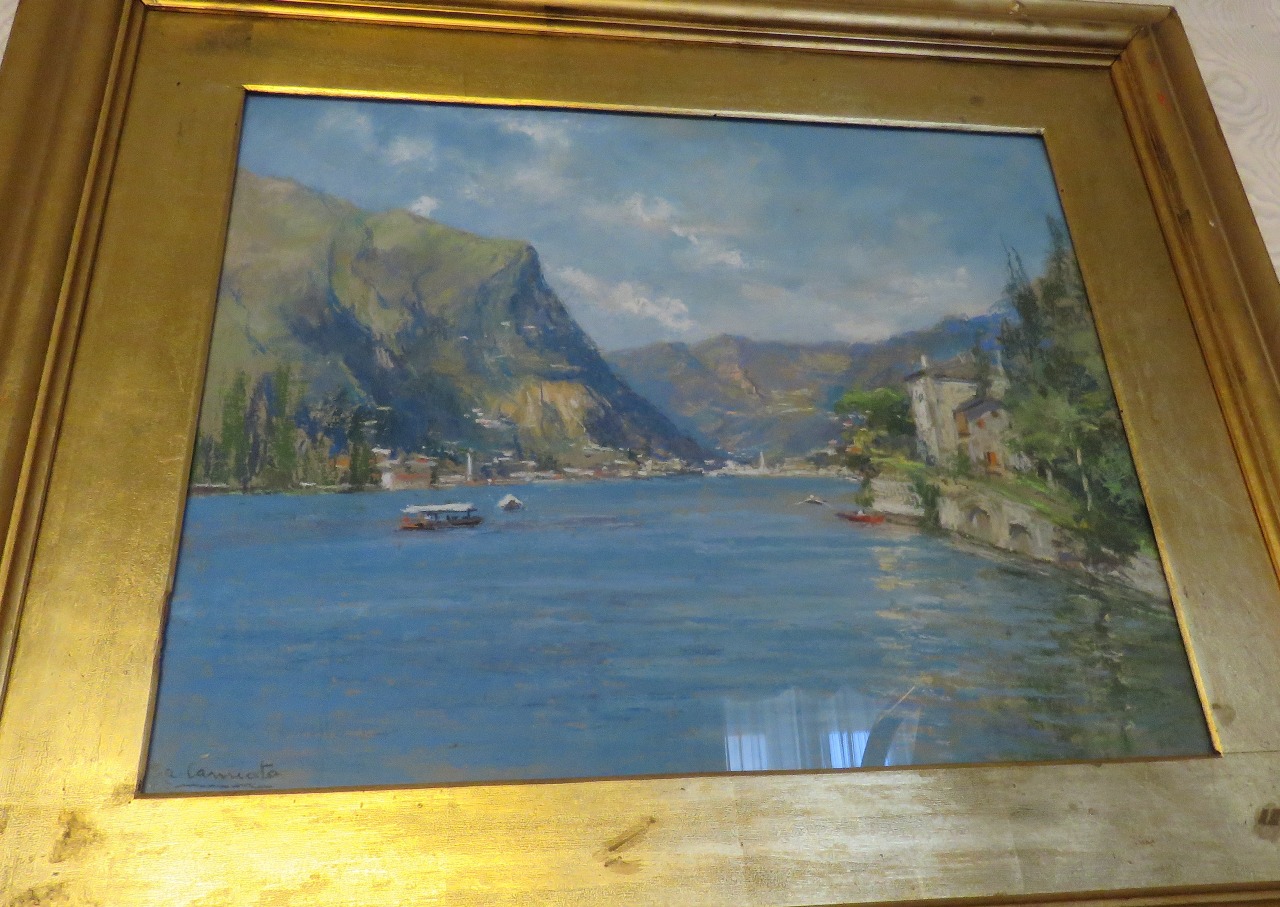 Veduta di una montagna e lago, paesaggio montano (dipinto) di Cannata Antonio (sec. XX)
